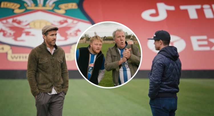 Main: Ryan Reynolds and Rob McElhenney at the Racecourse Ground in Welcome to Wrexham, Inset: Jeremy Clarkson and Kaleb Cooper watch Chadlington FC...