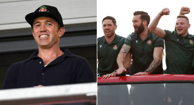 Side by side photo of Rob McElhenney and Wrexham's open top bus parade