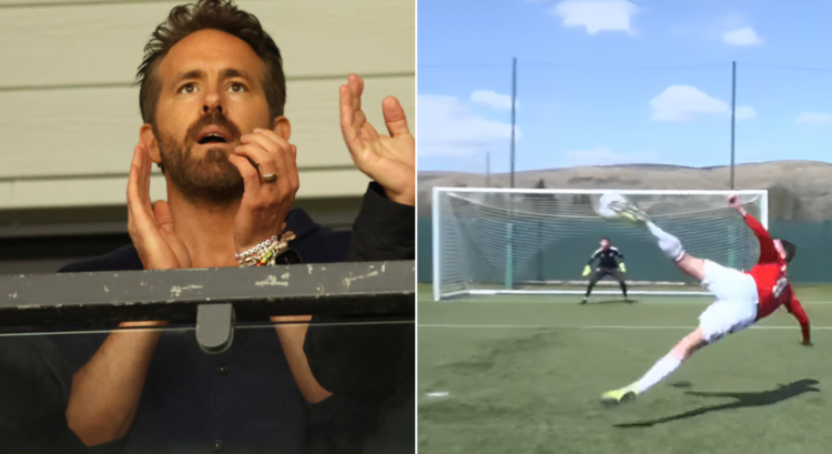 Side by side photo of Ryan Reynolds and Ben Foster scoring bicycle kick goal
