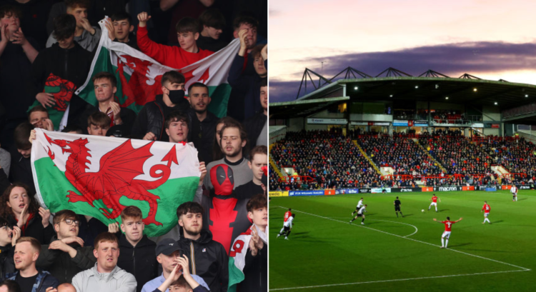 Side by side photo of Wrexham fans and Racecourse Ground