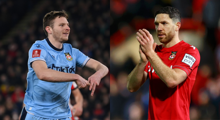 LEFT: Paul Mullin of Wrexham celebrates after scoring the team's first goal from a penalty kick during the Emirates FA Cup Fourth Round Replay matc...