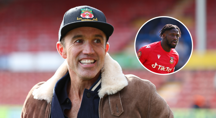 MAIN: Wrexham Football Club co-owner Rob McElhenney during the Vanarama National League fixture between Wrexham and Notts County INSET: Jacob Mendy...