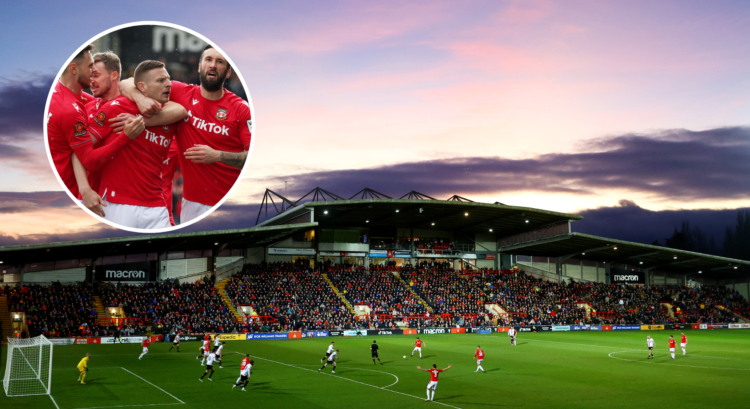 MAIN: General view inside the stadium during the Emirates FA Cup Fourth Round match between Wrexham and Sheffield United at Racecourse Ground INSET...