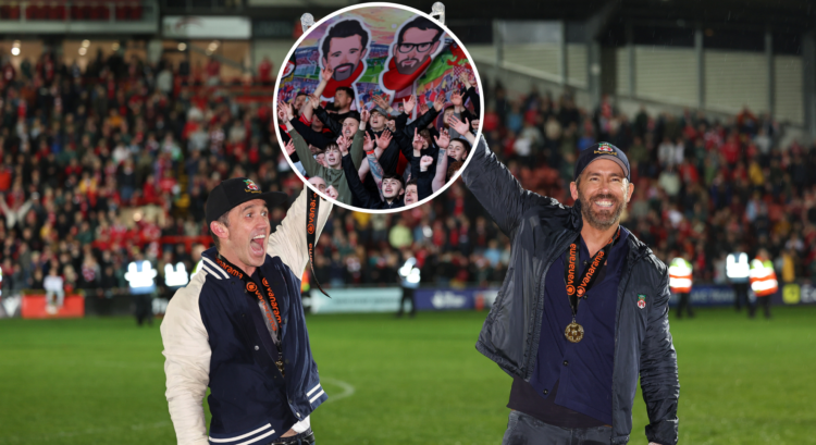 MAIN: Wrexham owners Rob McElhenney and Ryan Reynolds hold the Vanarama National League Trophy as Wrexham celebrate promotion INSET: Wrexham fans c...