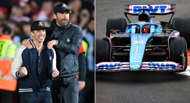 Side by side photo of Rob McElhenney Ryan Reynolds and Alpine F1