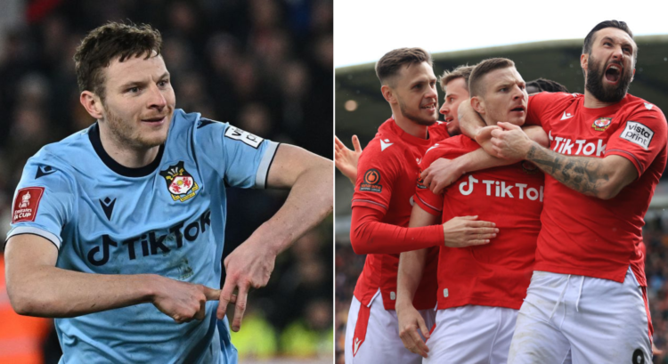 Side by side photos of Paul Mullin and Wrexham team