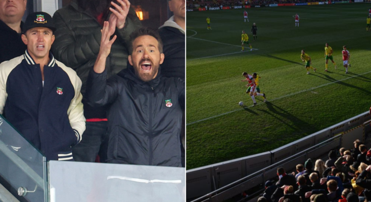 Side by side photo of Rob McElhenney, Ryan Reynolds and Racecourse Ground