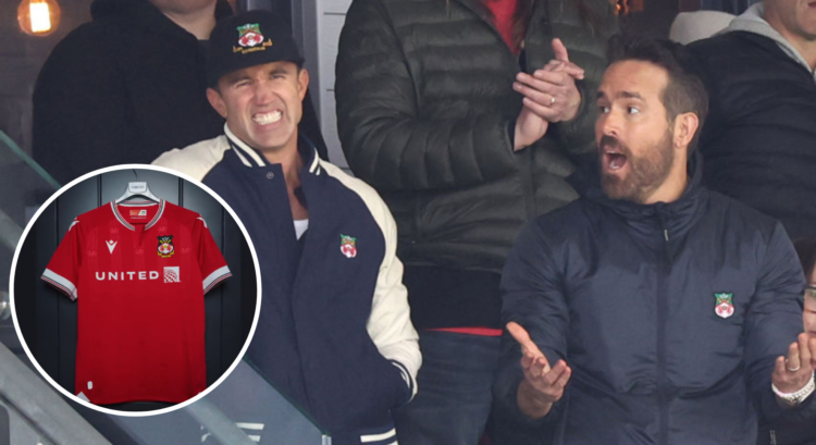 Photo of new Wrexham home shirt with Rob McElhenney and Ryan Reynolds