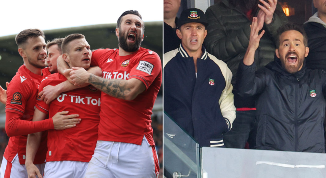 Side by side photo of Wrexham team celebrating vs Notts County and Rob McElhenney and Ryan Reynolds