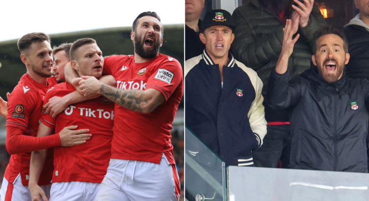 Side by side photo of Wrexham team celebrating vs Notts County and Rob McElhenney and Ryan Reynolds