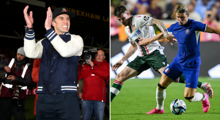 Side by side photo of Rob McElhenney and Wrexham vs Chelsea pre-season clash