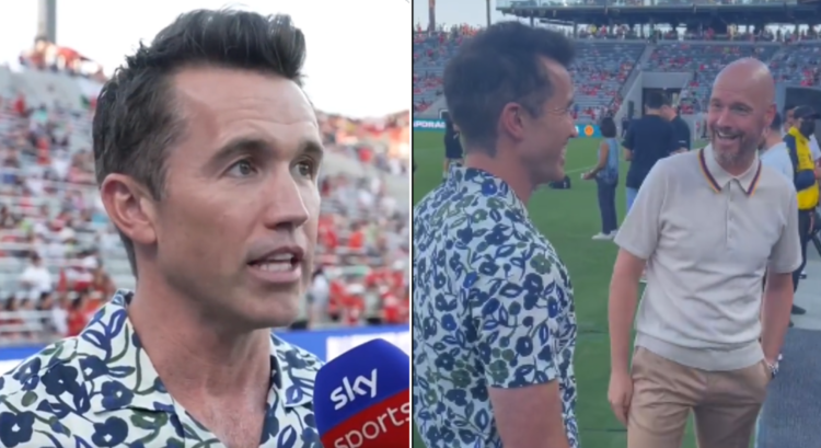 Side by side photo of Rob McElhenney and the Wrexham co-owner with Erik ten Hag