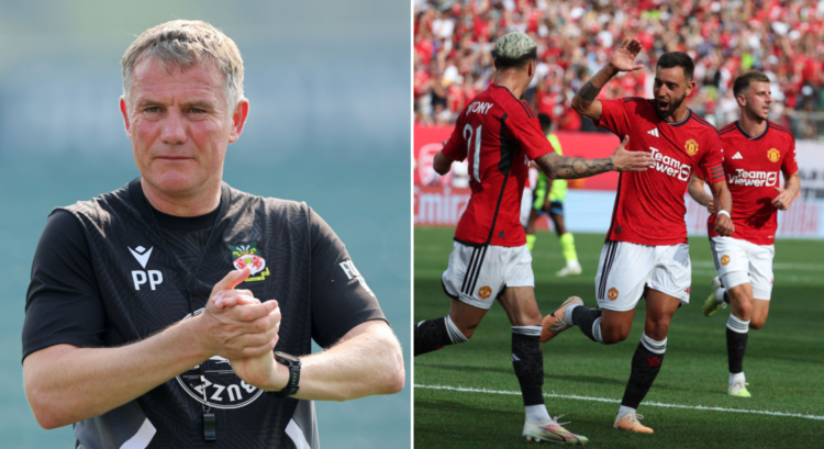 Side by side photo of Wrexham boss Phil Parkinson and Man United team scoring vs Arsenal