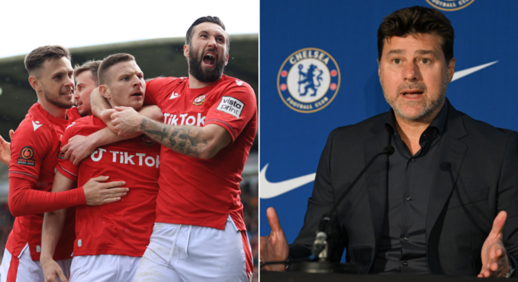 Side by side photo of Wrexham AFC team and Chelsea boss Mauricio PochettinoM