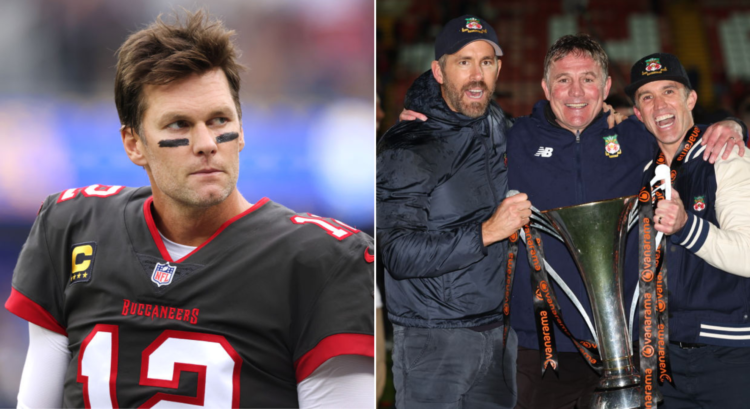 Side by side photo of Tom Brady, and Ryan Reynolds, Phil Parkinson and Rob McElhenney
