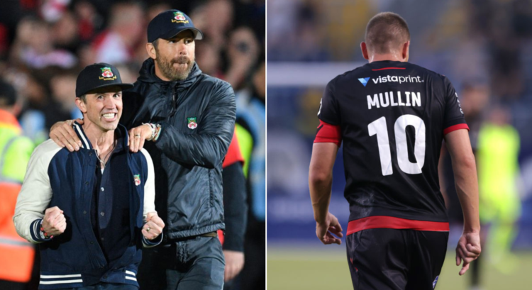 Side by side photo of Rob McElhenney and Ryan Reynolds and Wrexham's Paul Mullin