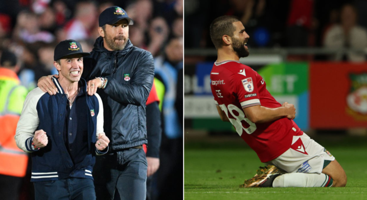 Side by side photo of Ryan Reynolds, Rob McElhenney and Wrexham's Elliot Lee