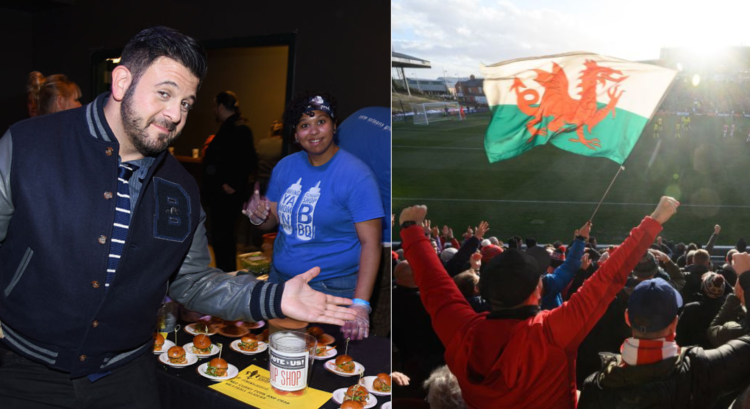Side by side photo of Man vs Food star Adam Richman and Wrexham fans