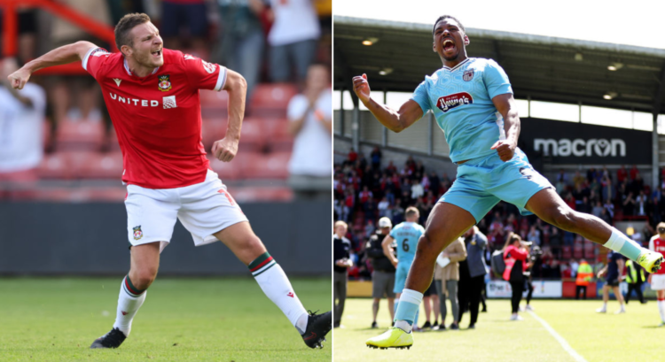 Side by side photo of Wrexham's Paul Mullin and Grimsby's Tristan Abrahams