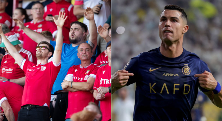 Side by side photo of Wrexham fans and Cristiano Ronaldo