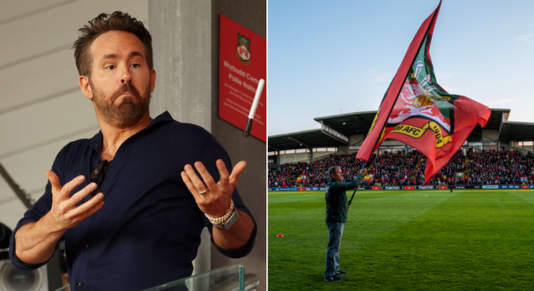 Side by side photo of Ryan Reynolds and Wrexham's Racecourse Ground