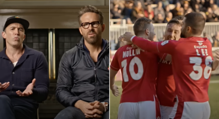 Side by side photo of Rob McElhenney and Ryan Reynolds and Wrexham team celebrating a goal
