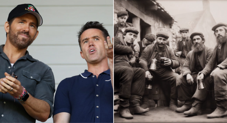 Side by side photo of Wrexham owners Ryan Reynolds and Rob McElhenney and Welsh labourers drinking Wrexham lager