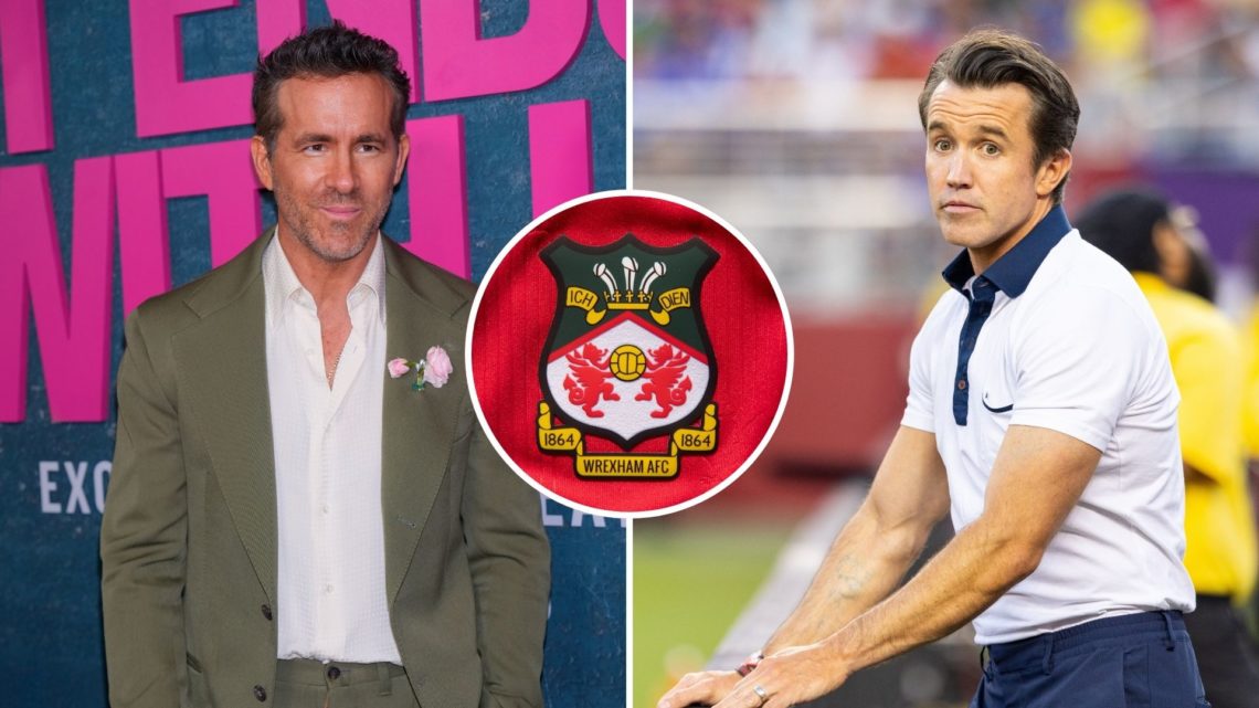Split image of Ryan Reynolds and Rob McElhenney. Inset, Wrexham badge.