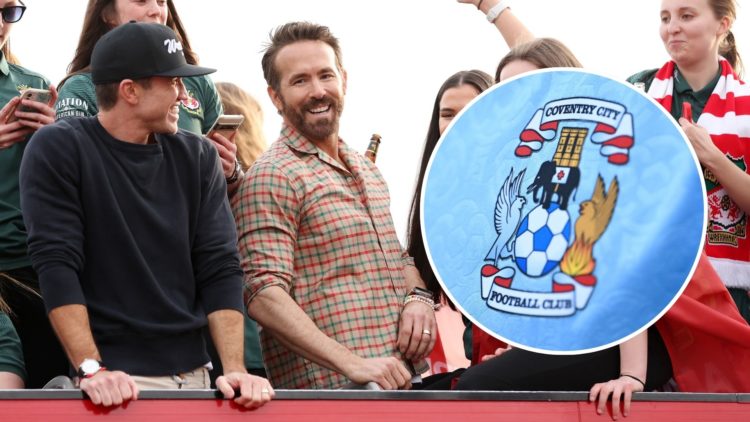 Ryan Reynolds, Co-Owner of Wrexham, and Rob McElhenney, Co-Owner of Wrexham, celebrate with players of Wrexham Men and Women during a Wrexham FC Bu...