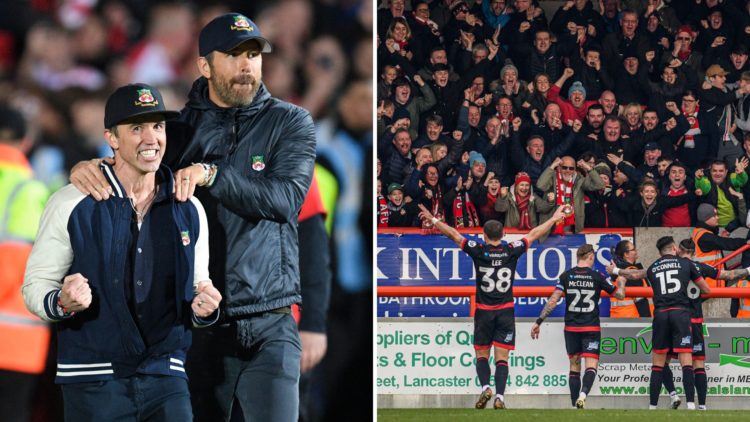 Rob McElhenney and Ryan Reynolds, and Wrexham players celebrating with fans.