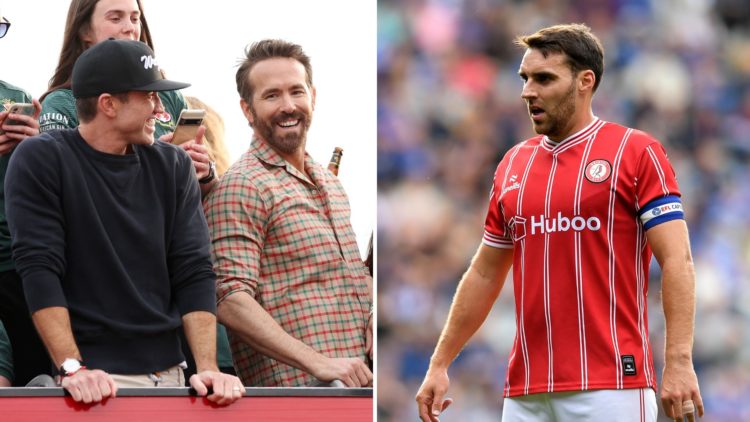 Ryan Reynolds, Co-Owner of Wrexham, and Rob McElhenney, Co-Owner of Wrexham, celebrate with players of Wrexham Men and Women during a Wrexham FC Bu...