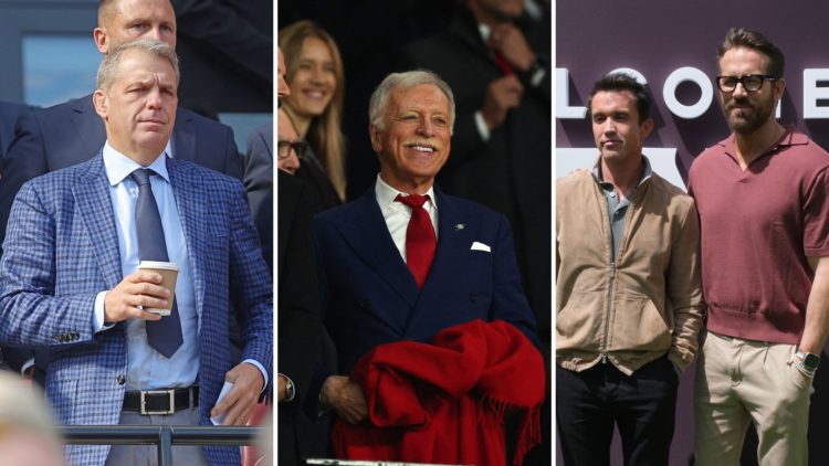 Split image of Rob McElhenney, Ryan Reynolds, Todd Boehly, and Stan Kroenke.