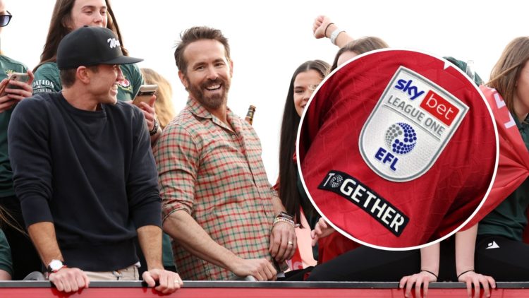 Rob McElhenney and Ryan Reynolds celebrate. Inset, the League One logo.