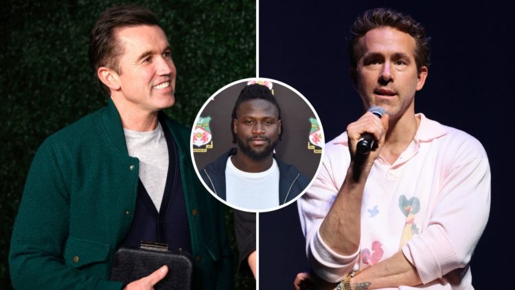 Split of Rob McElhenney & Ryan Reynolds with an inset of Jacob Mendy