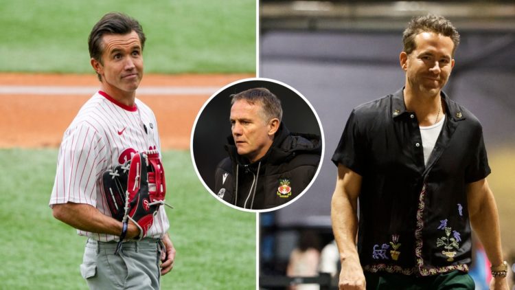 Split image of Rob McElhenney and Ryan Reynolds. Inset, Phil Parkinson.