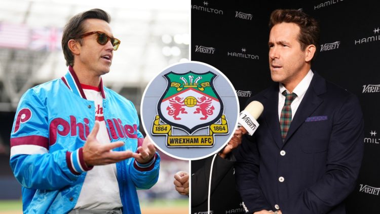 Split image of Rob McElhenney and Ryan Reynolds. Inset, Wrexham badge.