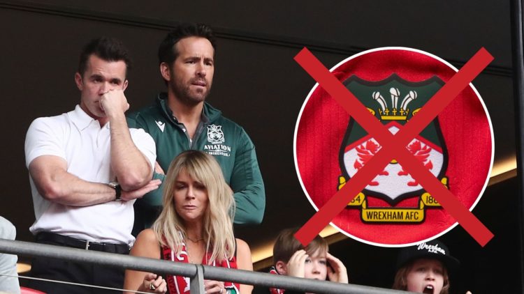 Wrexham owners Rob McElhenney (left) and Ryan Reynolds show dejection. Inset, the club badge of Wrexham with an X through it.