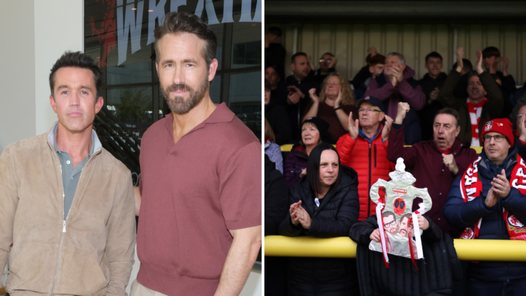 Split of Rob & Ryan (L) and Wrexham fans cheering on the team (R)