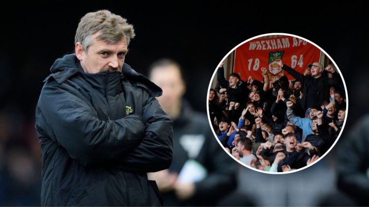 Michael Skubala. Inset, Wrexham fans celebrating.