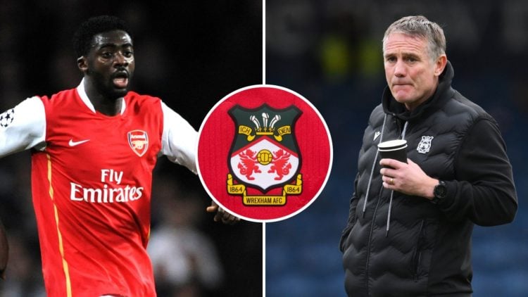 Split image of Kolo Toure of Arsenal and Phil Parkinson. Inset, the Wrexham badge.