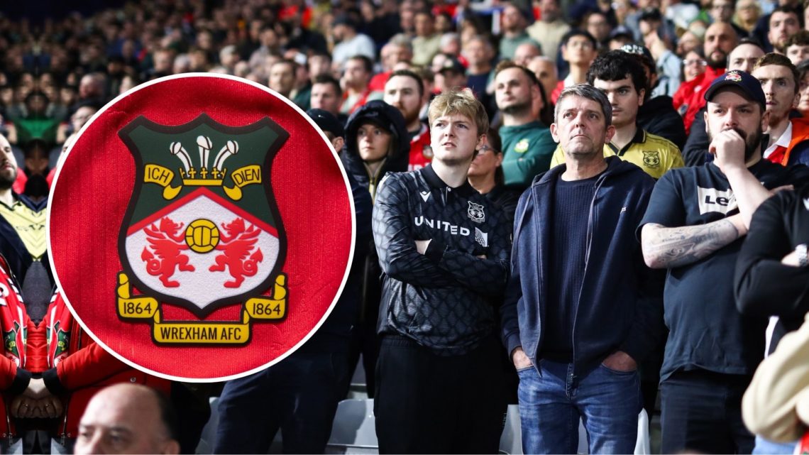 Wrexham fans during the Sky Bet League One match between Birmingham City FC and Wrexham AFC. Inset, the Wrexham badge.