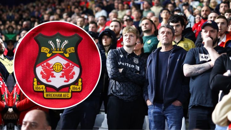 Wrexham fans during the Sky Bet League One match between Birmingham City FC and Wrexham AFC. Inset, the Wrexham badge.