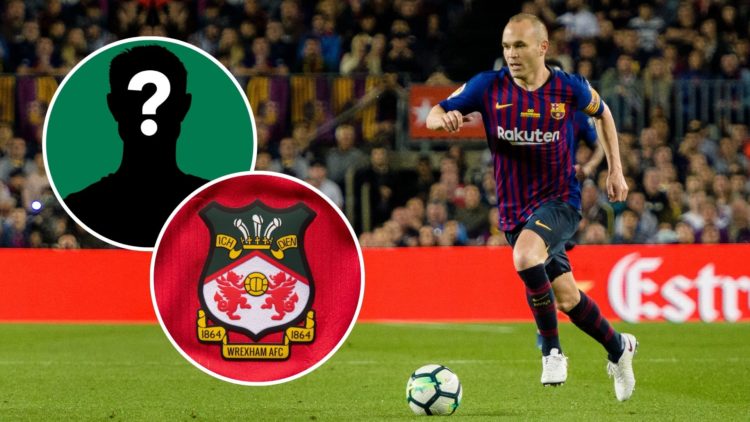 Andres Iniesta of FC Barcelona runs with the ball during the La Liga match between Barcelona and Real Sociedad. Inset, Wrexham badge and mystery pl...
