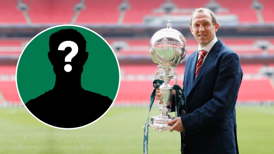 Wrexham manager Andy Morrell poses with the trophy during the FA Trophy Media. Inset, mystery player.