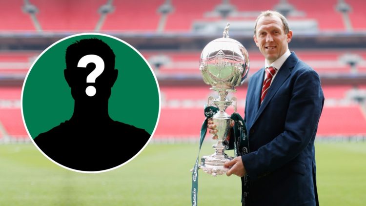 Wrexham manager Andy Morrell poses with the trophy during the FA Trophy Media. Inset, mystery player.