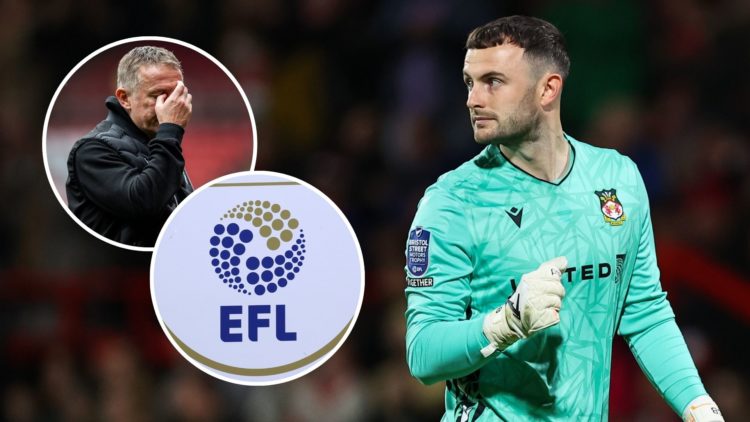 Wrexham goalkeeper Callum Burton with an inset of the EFL logo and an inset of Phil Parkinson