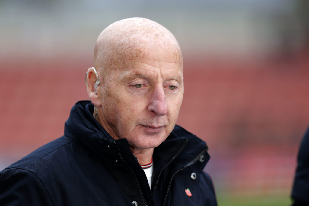 Mickey Thomas looks on before Wrexham v Oldham Athletic