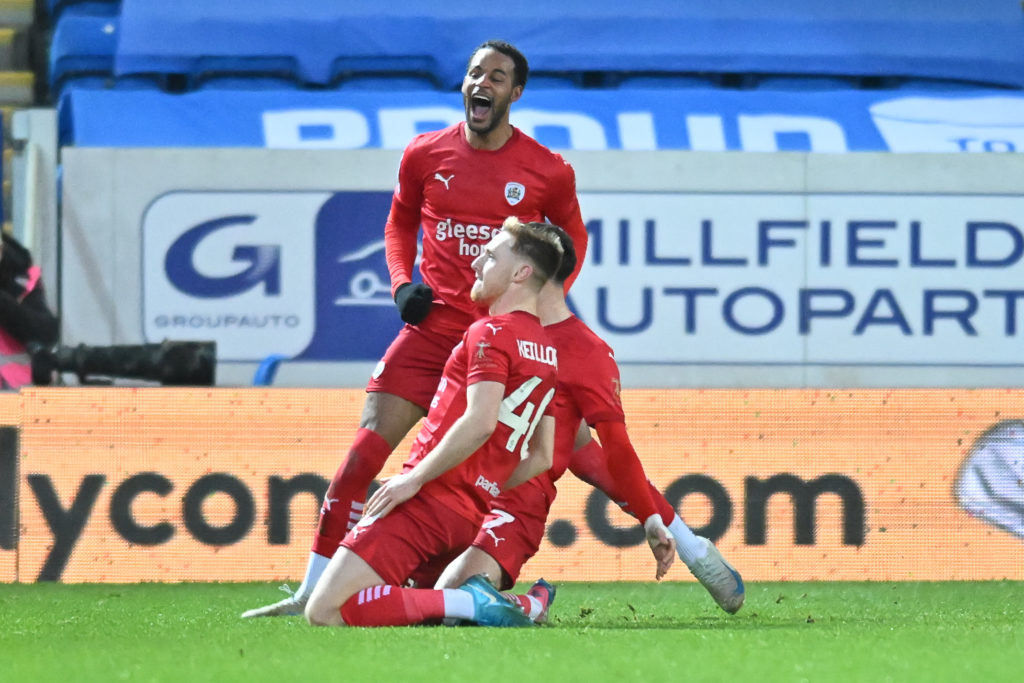 Barnsley's Davis Keillor-Dunn celebrates scoring against Peterborough United.