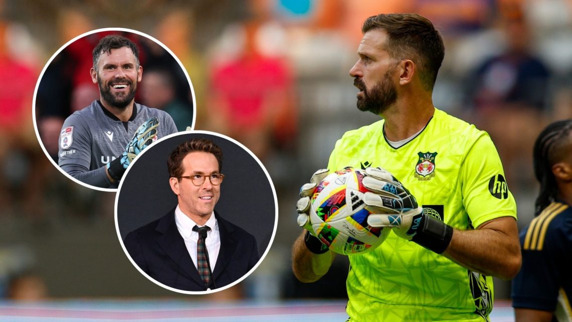 Wrexham goalkeeper Mark Howard with insets of Ryan Reynolds and Ben Foster
