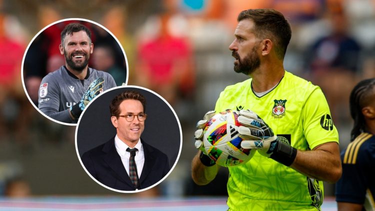 Wrexham goalkeeper Mark Howard with insets of Ryan Reynolds and Ben Foster